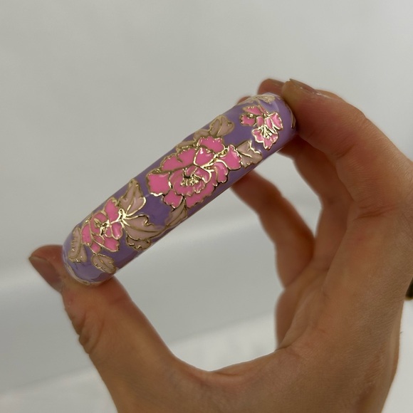Vintage Enameled Purple Pink and Gold Peony Floral Bracelet - Picture 2 of 6